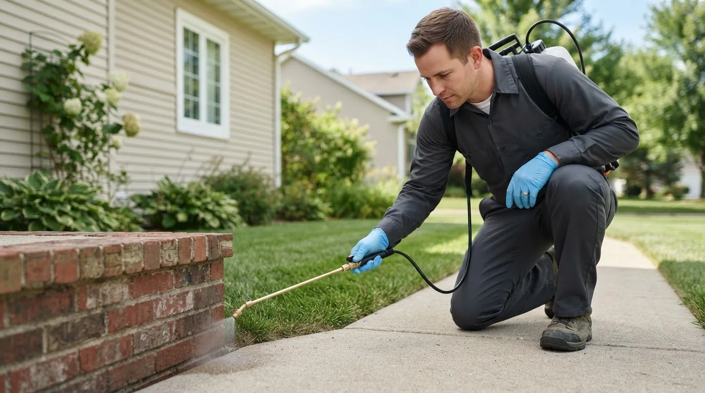 Pest control technician treating a home near Elkhart, IN